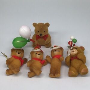 Vintage Lot Of 5 Flocked Plastic Teddy Bear Christmas Ornament